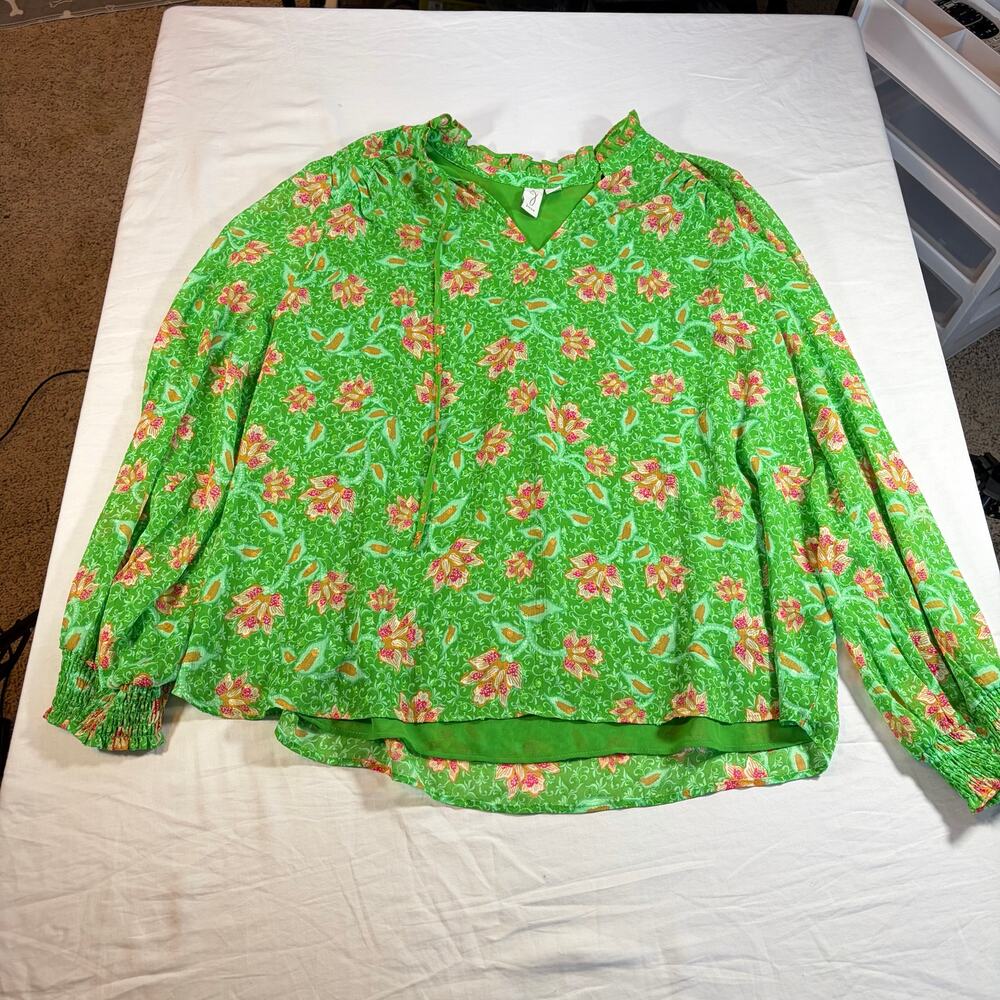 Joie womens lime green floral blouse. Size XL. Career, workwear, ruffle collar - Picture 3 of 7